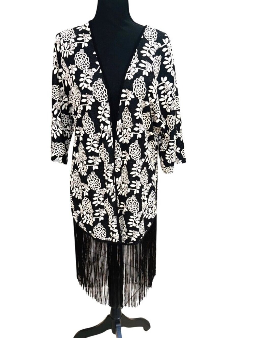 Floral Fringe Long Open-Front Kimono Cardigan Black White Women S Boho FairyGoth